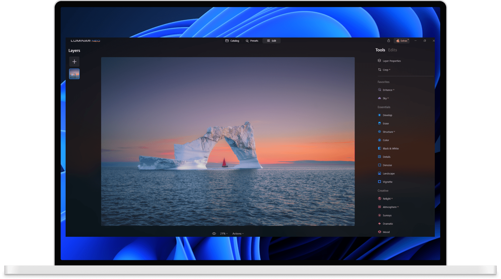 Luminar photo editor interface - Editing on Windows